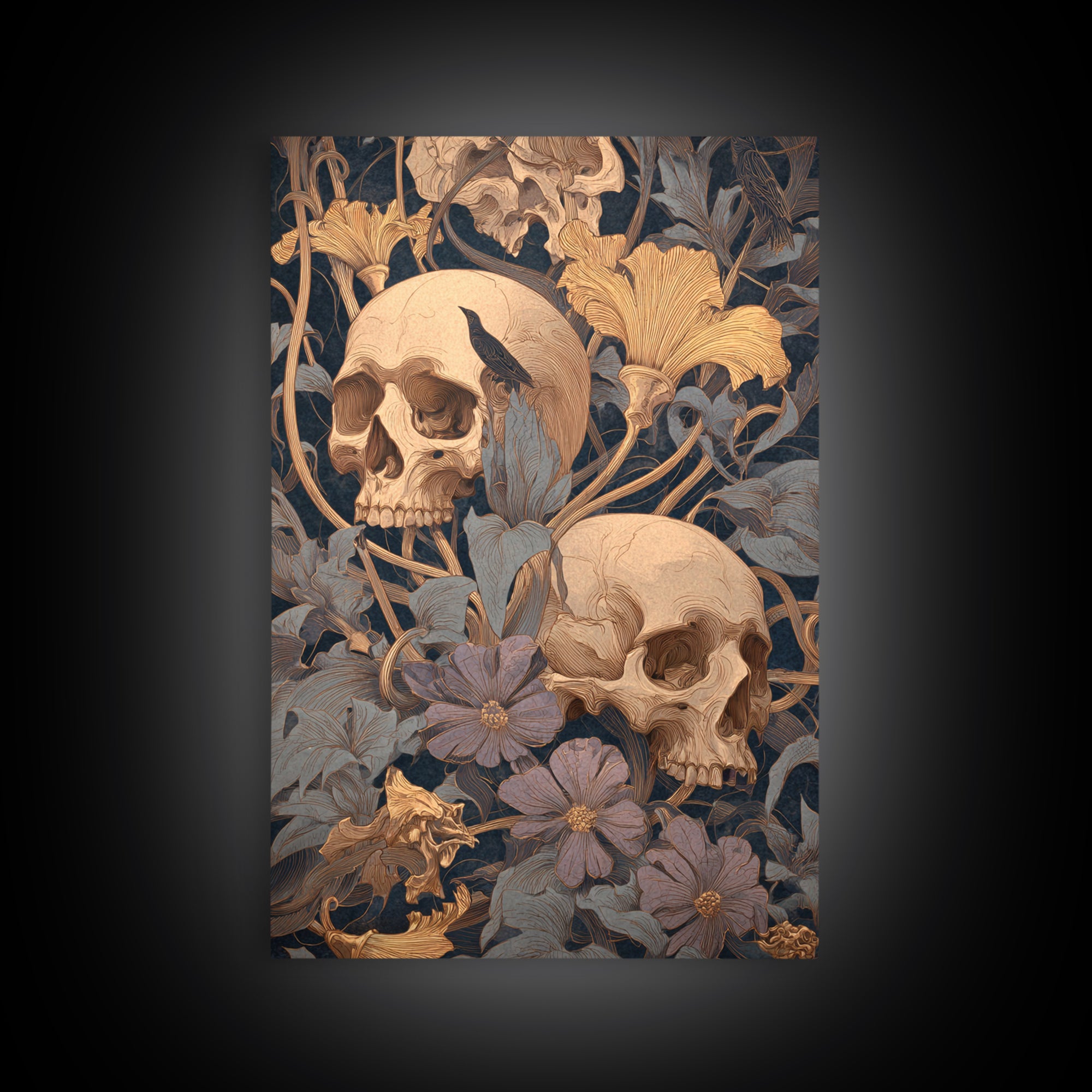 Skeletal Botanicals, Symbolist Death Art, Vertical Wall Art, Dark Fantasy Wall Art, Framed Canvas Print, Halloween Wall Art