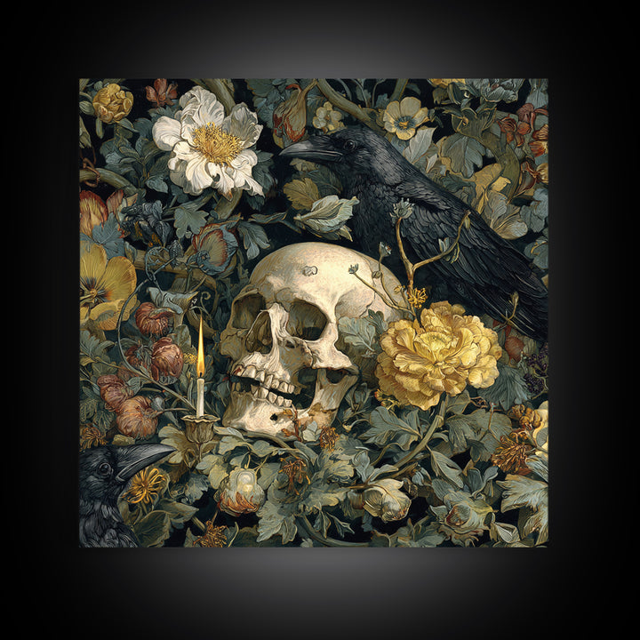 Skeletal Botanicals, Symbolist Etching Art, Square Wall Art, Macabre Wall Art, Framed Canvas Print, Halloween Wall Art, Halloween Decor