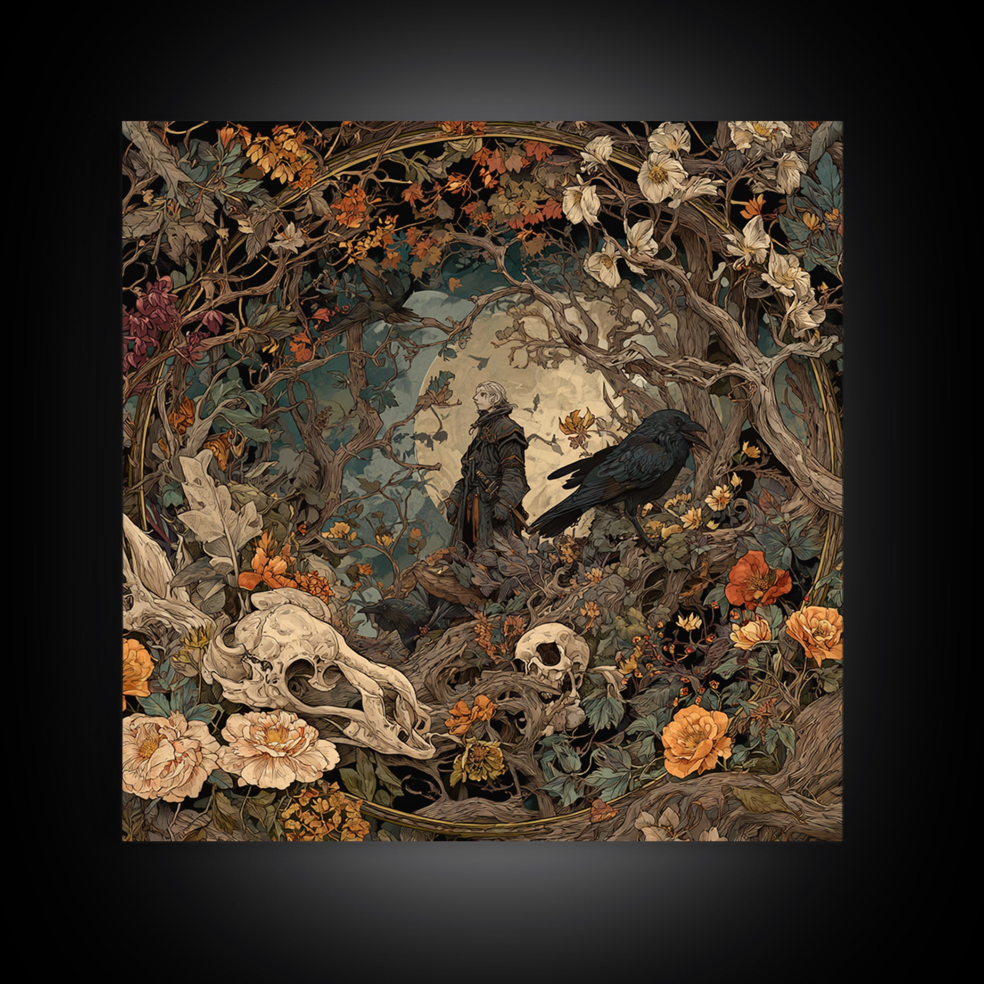 Skeletal Botanicals, Gothic Storybook Art, Square Wall Art, Macabre Wall Art, Framed Canvas Print, Halloween Wall Art