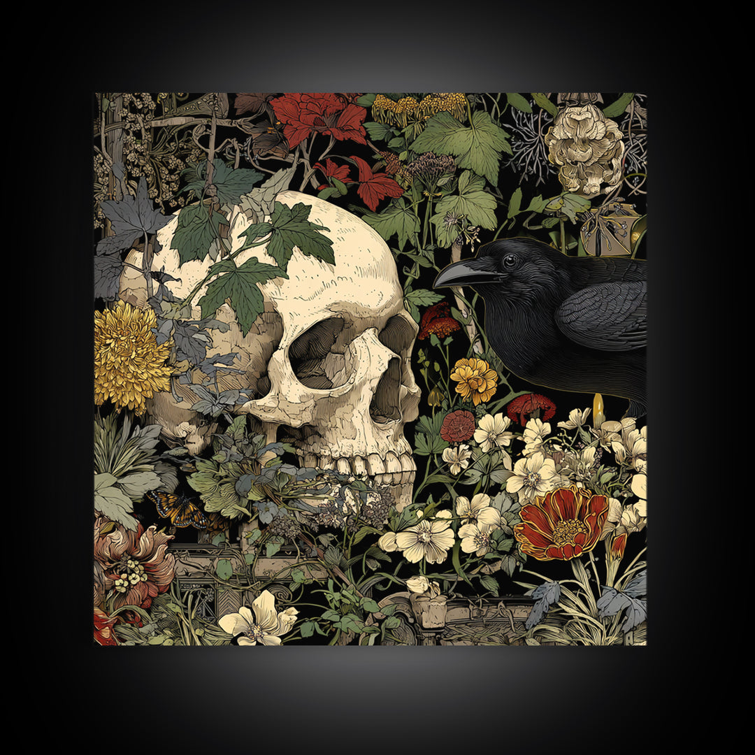 Skeletal Botanicals, Stained Glass Gothic Art, Square Wall Art, Gothic Horror Wall Art, Framed Canvas Print, Halloween Wall Art