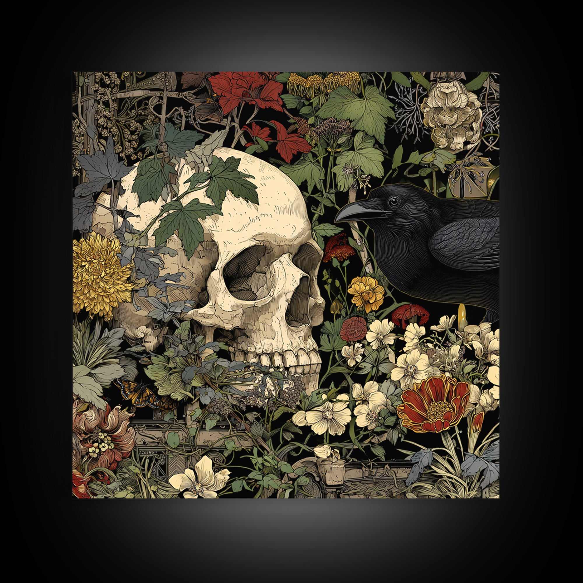 Skeletal Botanicals, Stained Glass Gothic Art, Square Wall Art, Gothic Horror Wall Art, Framed Canvas Print, Halloween Wall Art