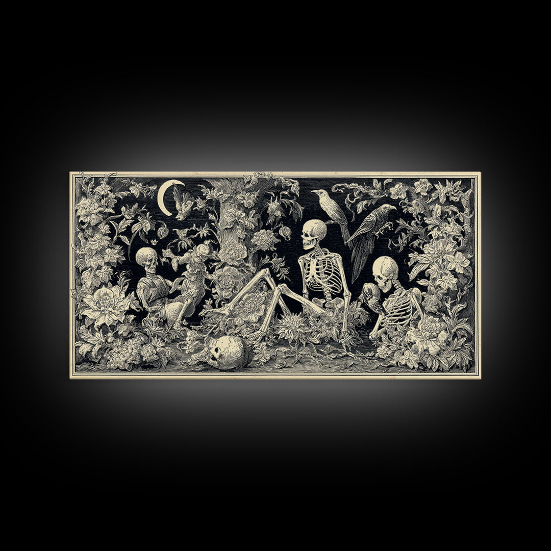Skeletal Botanicals, Macabre Folk Print Art, Wide Panoramic Art, Gothic Horror Wall Art, Framed Canvas Print, Halloween Wall Art