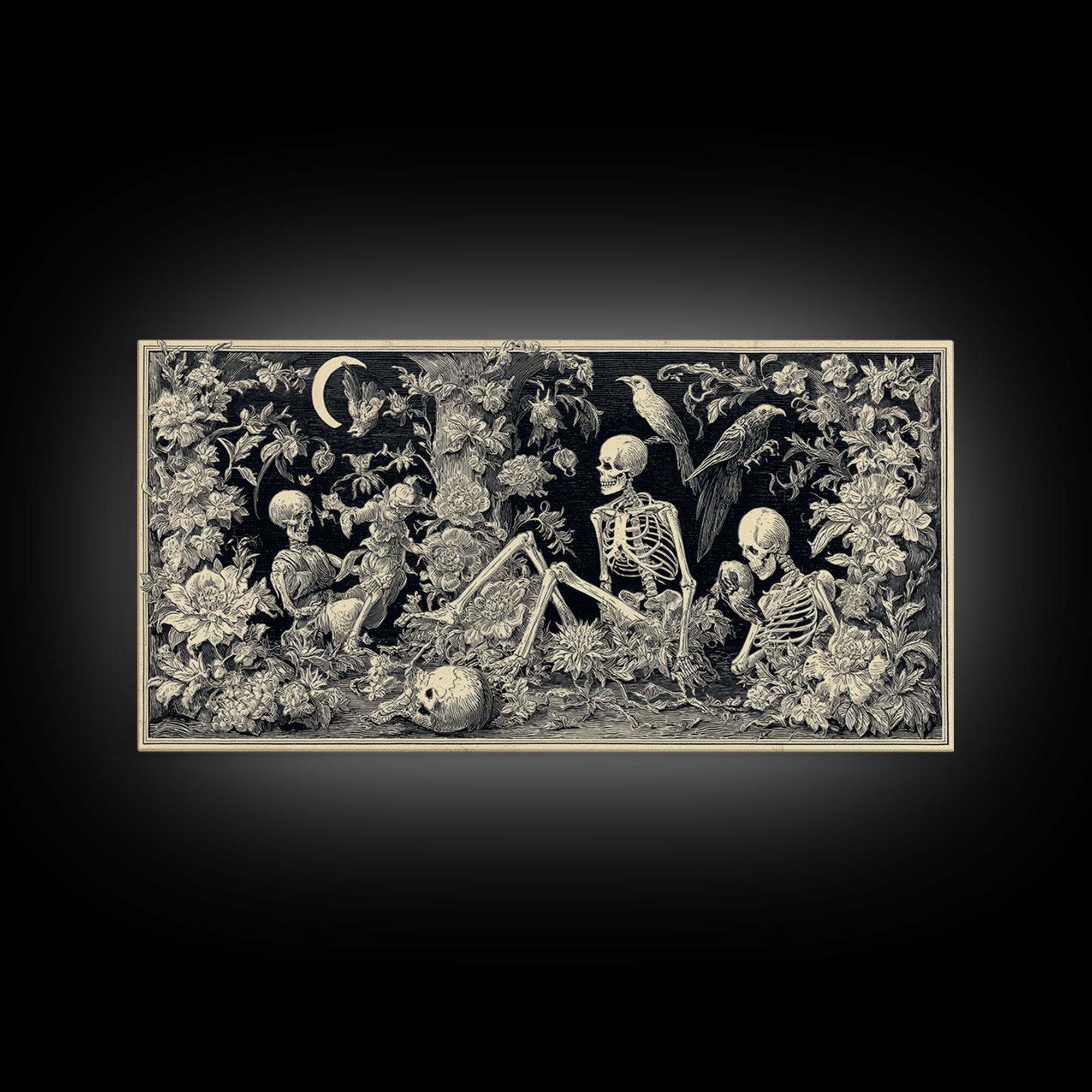 Skeletal Botanicals, Macabre Folk Print Art, Wide Panoramic Art, Gothic Horror Wall Art, Framed Canvas Print, Halloween Wall Art