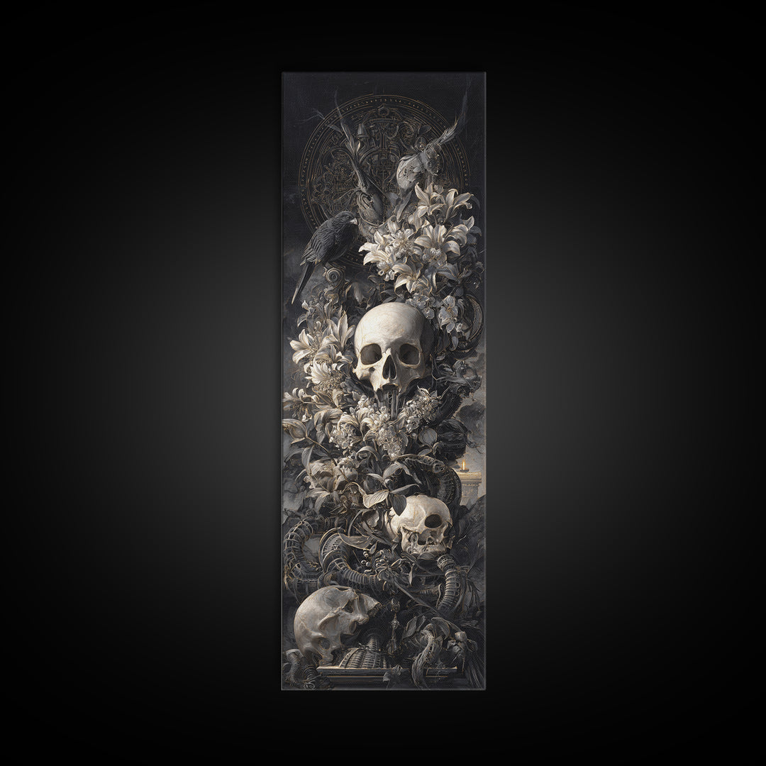 Skeletal Botanicals, Biomechanical Horror Art, Tall Narrow Wall Art, Macabre Wall Art, Framed Canvas Print, Halloween Wall Art