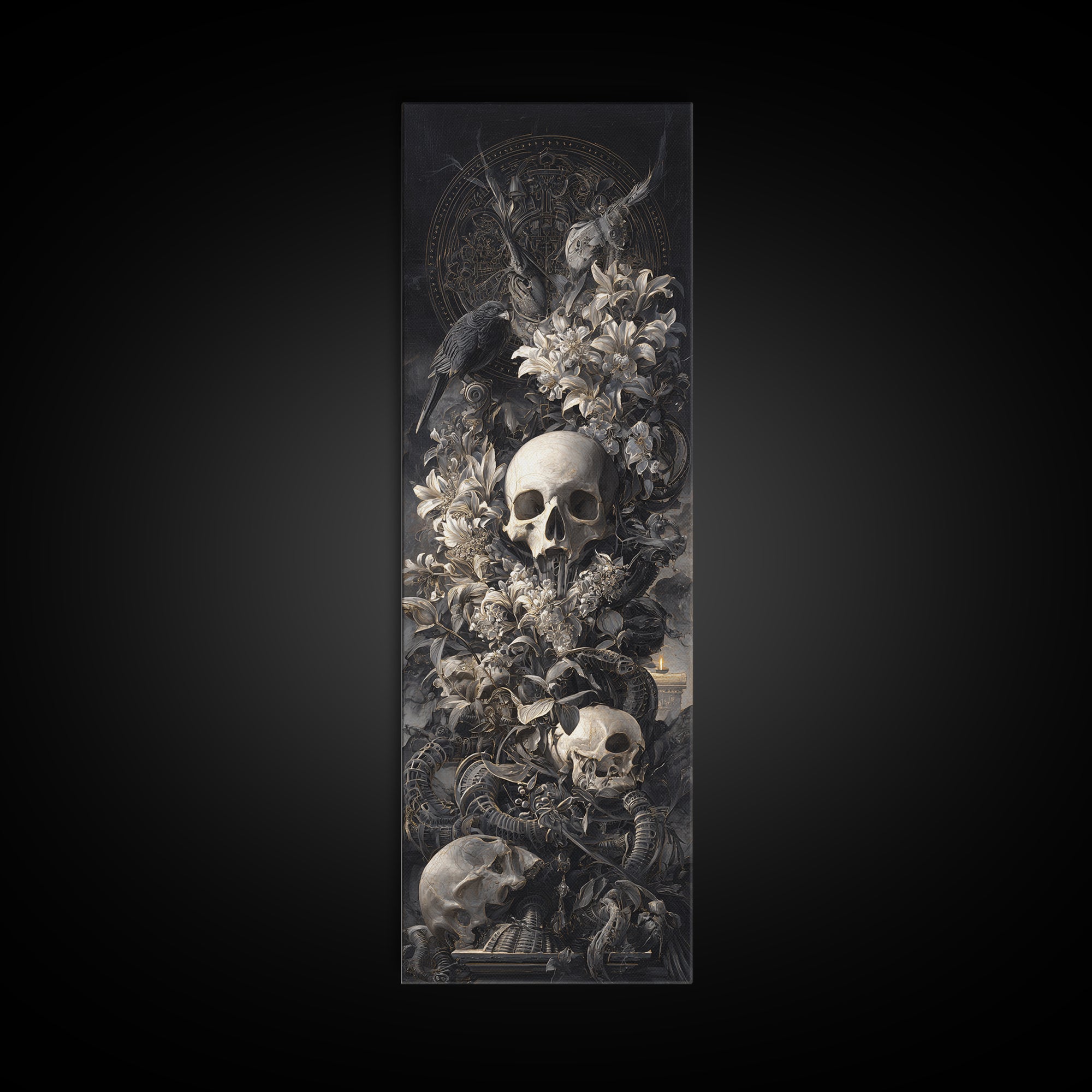 Skeletal Botanicals, Biomechanical Horror Art, Tall Narrow Wall Art, Macabre Wall Art, Framed Canvas Print, Halloween Wall Art
