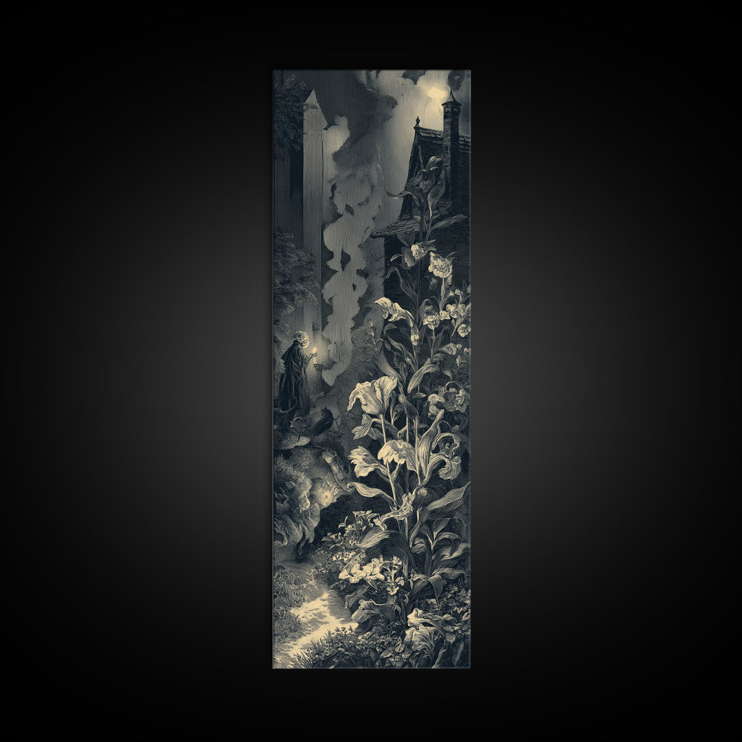The Poison Garden, Gothic Engraving Art, Tall Narrow Wall Art, Dark Halloween Decor, Canvas Print, Halloween Wall Art