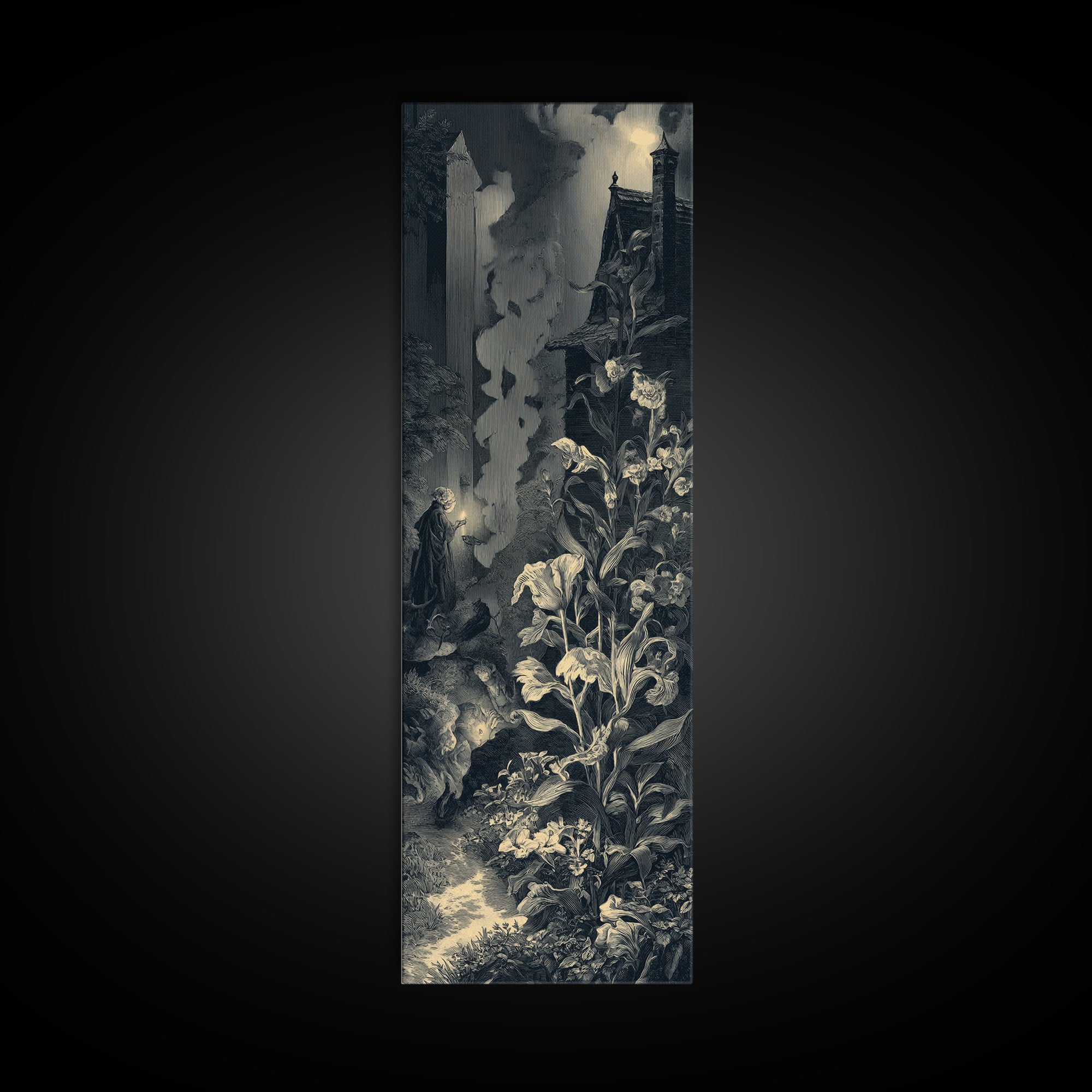 The Poison Garden, Gothic Engraving Art, Tall Narrow Wall Art, Dark Halloween Decor, Canvas Print, Halloween Wall Art