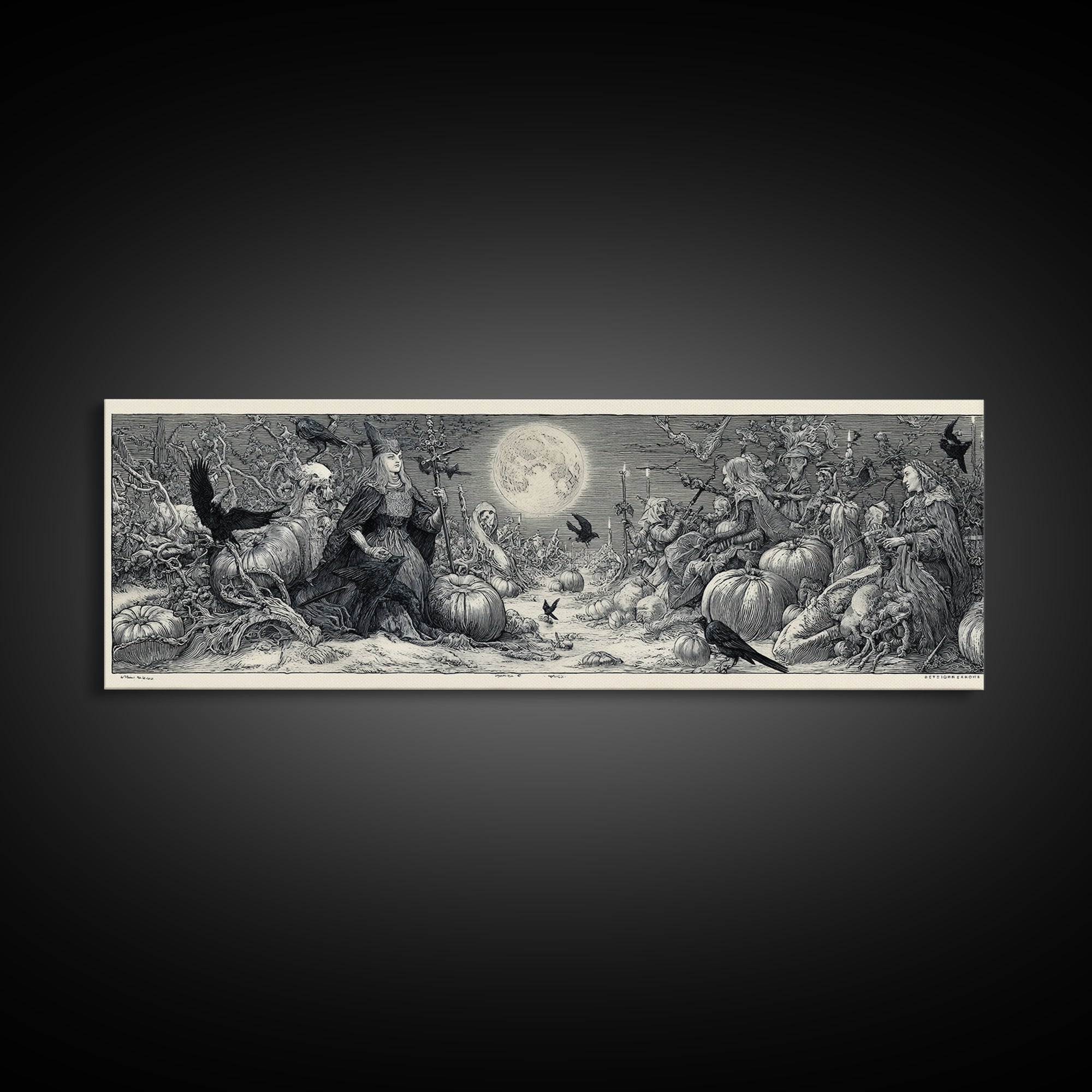 Frozen Halloween, Renaissance Engraving Art, Extra Wide Wall Art, Gothic Horror Wall Art, Canvas Print, Halloween Wall Art