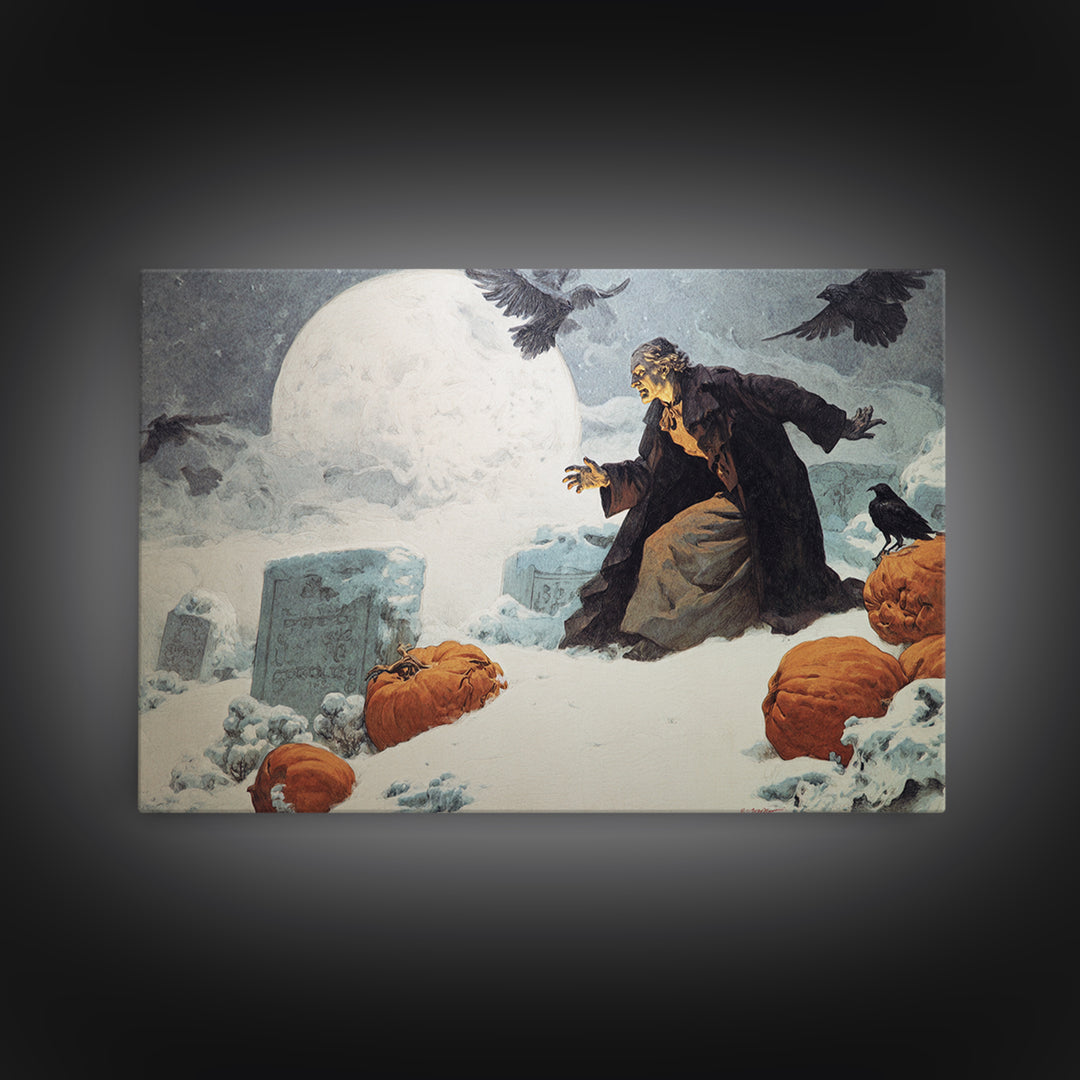 Frozen Halloween, Symbolist Etching Art, Landscape Wall Art, Dark Fantasy Wall Art, Framed Canvas Print, Halloween Wall Art