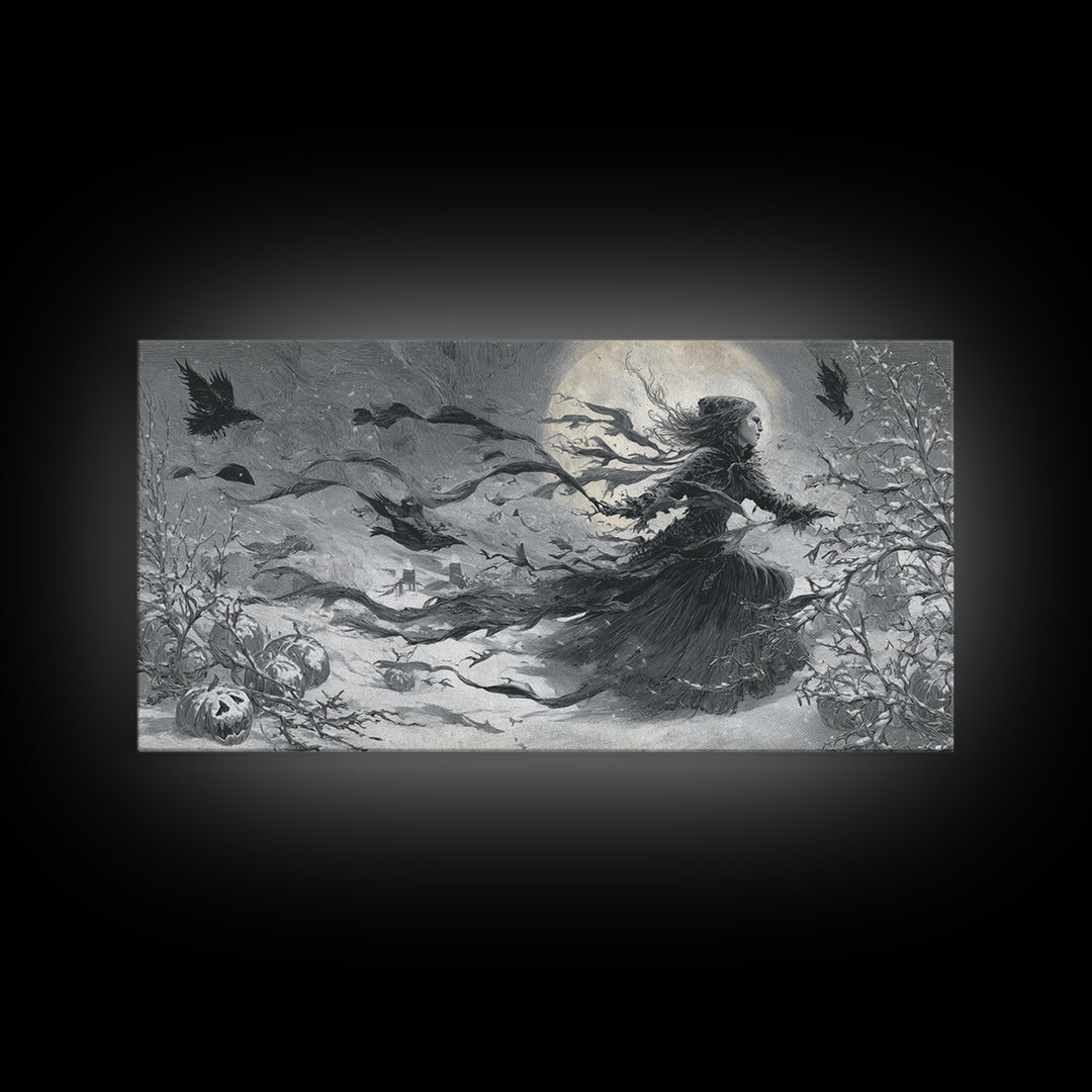 Frozen Halloween, Expressionist Nightmare Art, Wide Panoramic Art, Macabre Wall Art, Framed Canvas Print, Halloween Wall Art