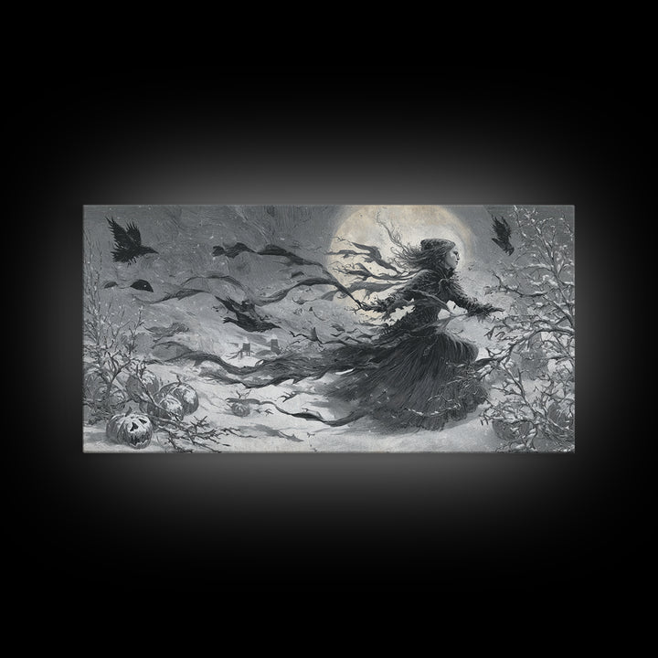 Frozen Halloween, Expressionist Nightmare Art, Wide Panoramic Art, Macabre Wall Art, Framed Canvas Print, Halloween Wall Art