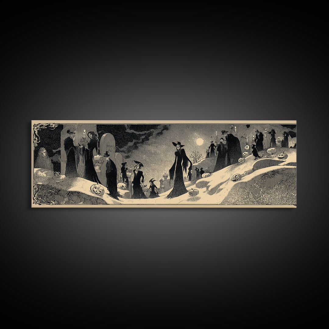 Frozen Halloween, Decadent Line Art, Extra Wide Wall Art, Gothic Horror Wall Art, Framed Canvas Print, Halloween Wall Art