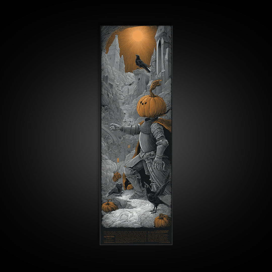 The Pumpkin Paladin, Gothic Engraving Art, Tall Narrow Wall Art, Dark Halloween Decor, Canvas Print, Halloween Wall Art