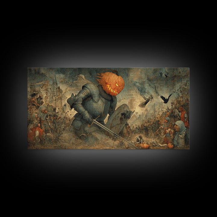 The Pumpkin Paladin, Northern Renaissance Horror, Wide Panoramic Art, Macabre Wall Art, Framed Canvas Print, Halloween Wall Art