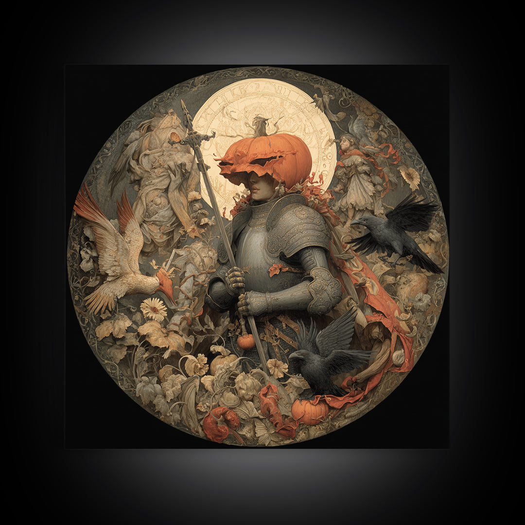 The Pumpkin Paladin, Dark Renaissance Art, Square Wall Art, Gothic Horror Wall Art, Canvas Print, Halloween Wall Art