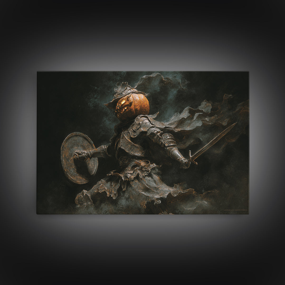 The Pumpkin Paladin, Dark Romantic Horror Art, Landscape Wall Art, Dark Fantasy Wall Art, Framed Canvas Print, Halloween Wall Art