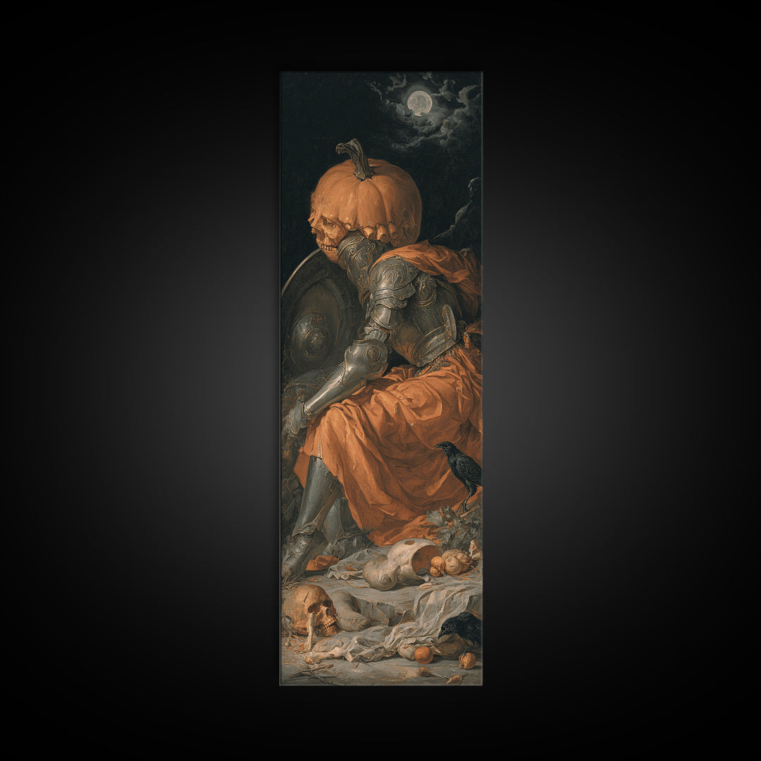 The Pumpkin Paladin, Gothic Nightmare Art, Tall Narrow Wall Art, Macabre Wall Art, Framed Canvas Print, Halloween Wall Art