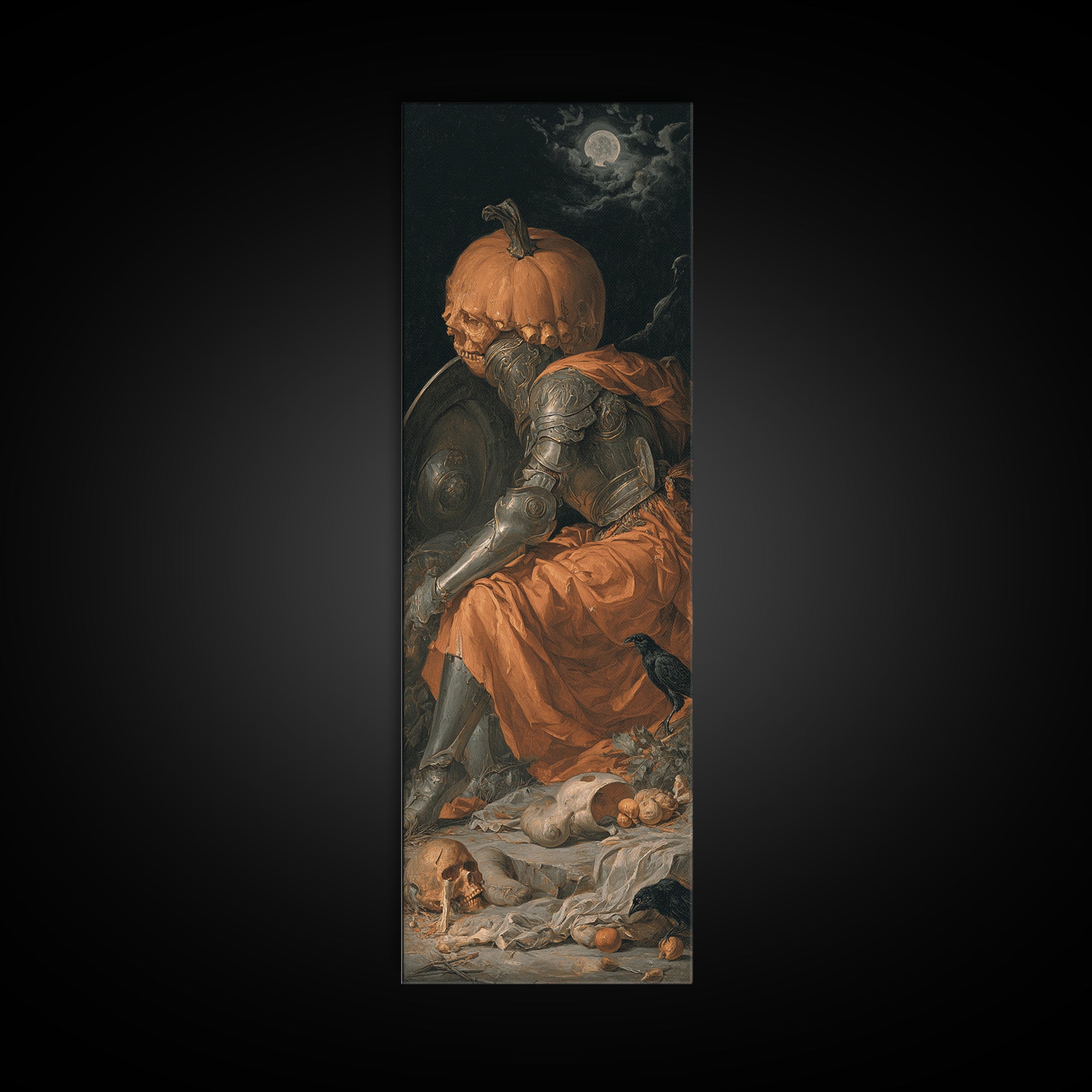 The Pumpkin Paladin, Gothic Nightmare Art, Tall Narrow Wall Art, Macabre Wall Art, Framed Canvas Print, Halloween Wall Art