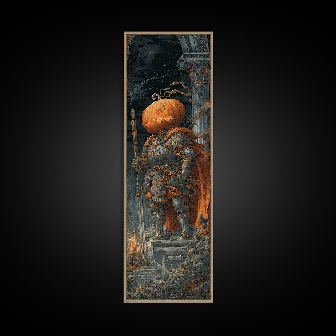The Pumpkin Paladin, Architectural Etching Art, Tall Narrow Wall Art, Macabre Wall Art, Framed Canvas Print, Halloween Decor