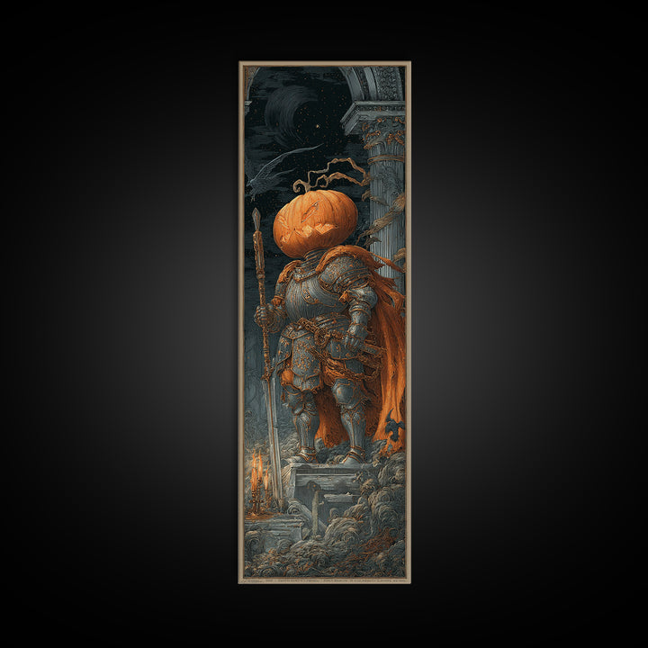The Pumpkin Paladin, Architectural Etching Art, Tall Narrow Wall Art, Macabre Wall Art, Framed Canvas Print, Halloween Decor