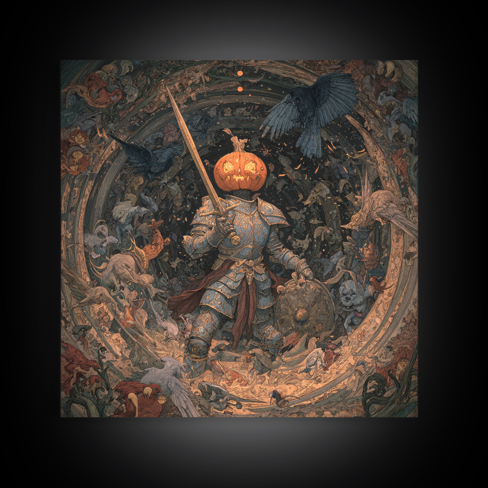 The Pumpkin Paladin, Ornate Symbolist Art, Square Wall Art, Dark Fantasy Wall Art, Canvas Print, Halloween Wall Art, Horror Wall Art