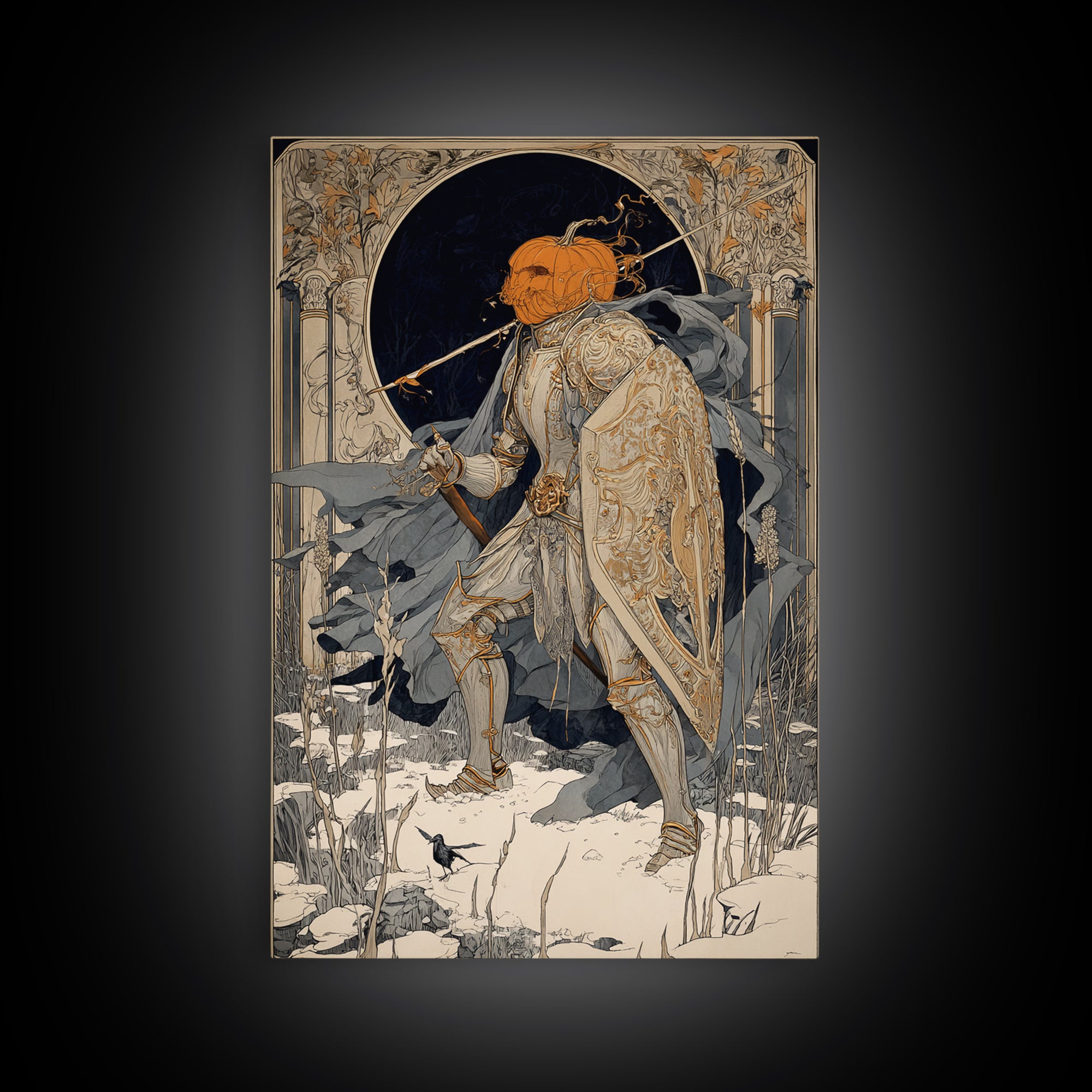 The Pumpkin Paladin, Symbolist Death Art, Vertical Wall Art, Gothic Horror Wall Art, Canvas Print, Halloween Wall Art