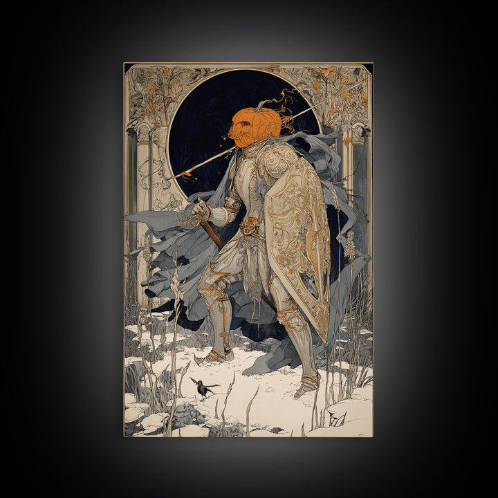 The Pumpkin Paladin, Symbolist Death Art, Vertical Wall Art, Gothic Horror Wall Art, Canvas Print, Halloween Wall Art