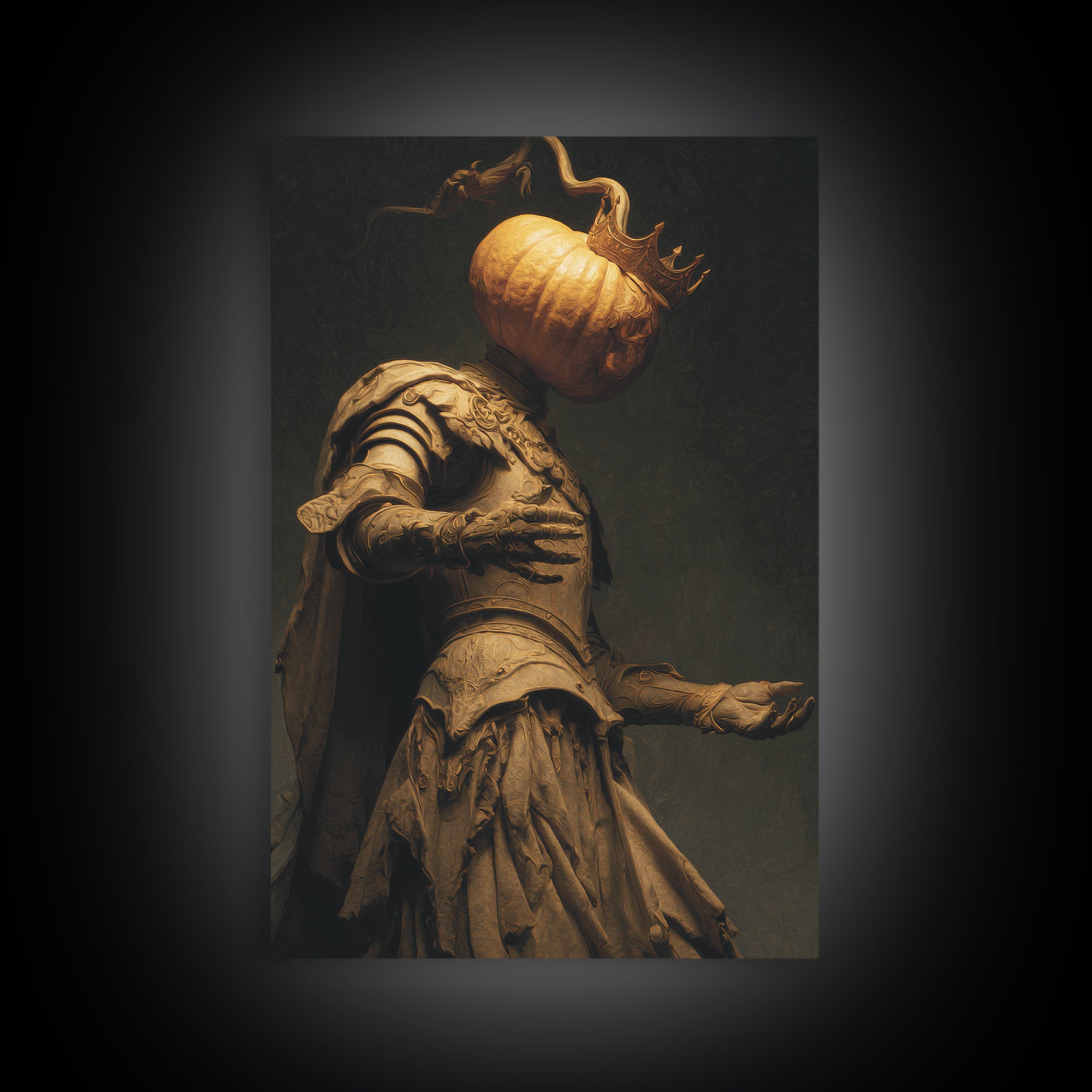 The Pumpkin Paladin, Dark Symbolist Art, Vertical Wall Art, Dark Fantasy Wall Art, Framed Canvas Print, Halloween Wall Art