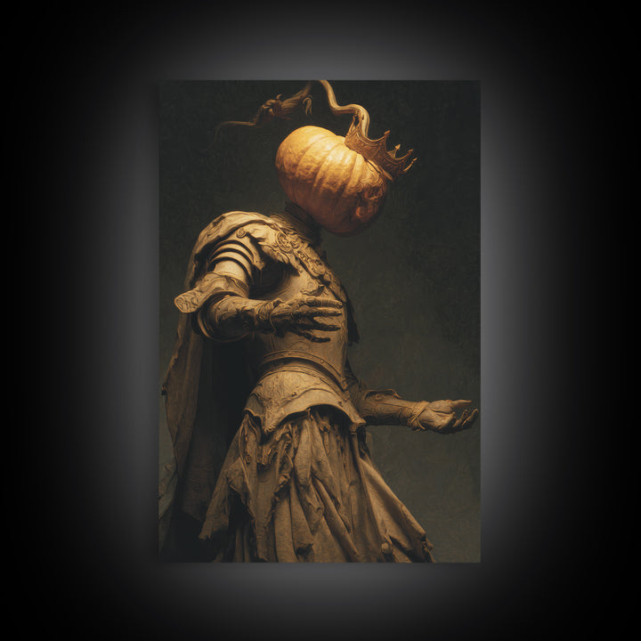 The Pumpkin Paladin, Dark Symbolist Art, Vertical Wall Art, Dark Fantasy Wall Art, Framed Canvas Print, Halloween Wall Art