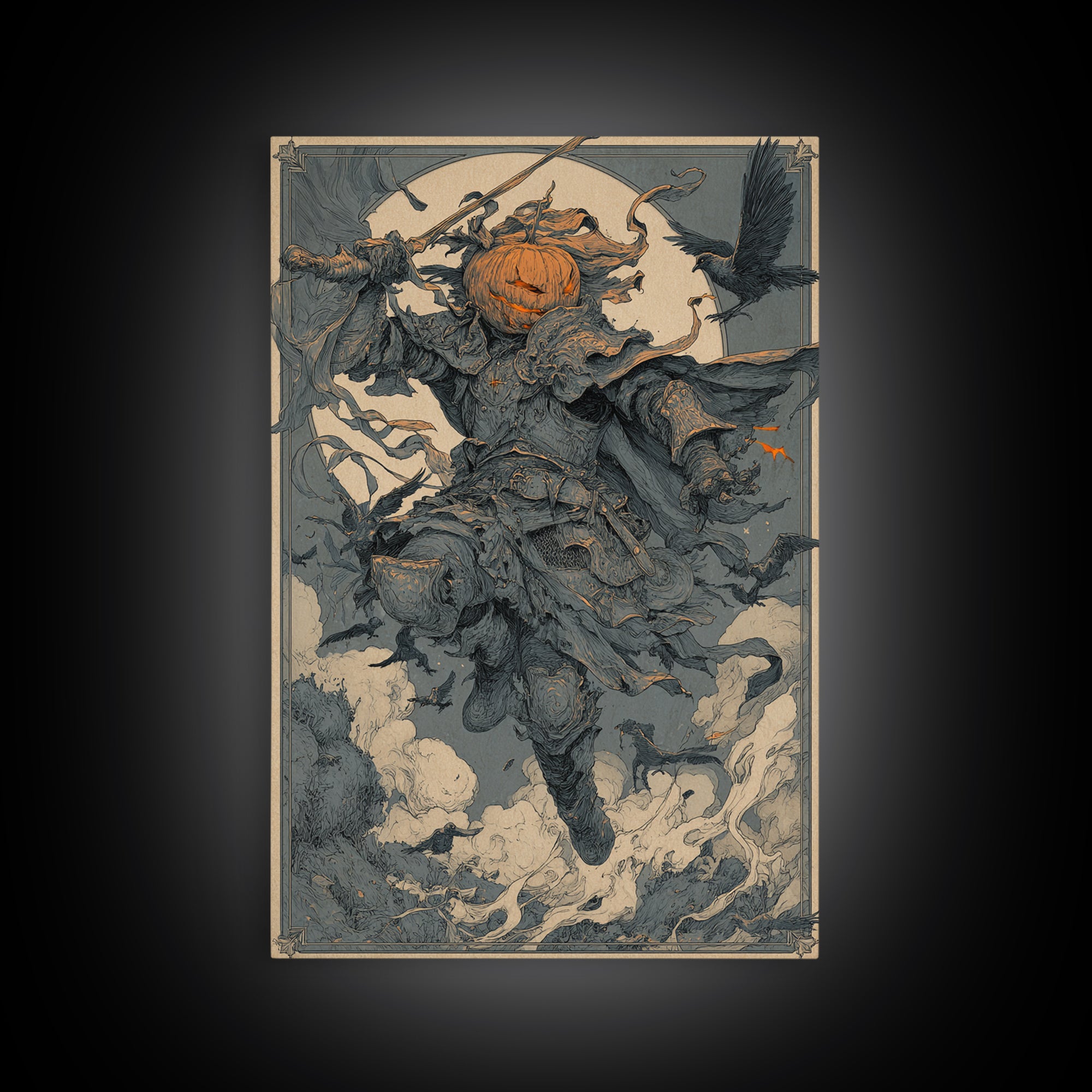 The Pumpkin Paladin, Symbolist Etching Art, Vertical Wall Art, Macabre Wall Art, Canvas Print, Halloween Wall Art, Seasonal Home Decor