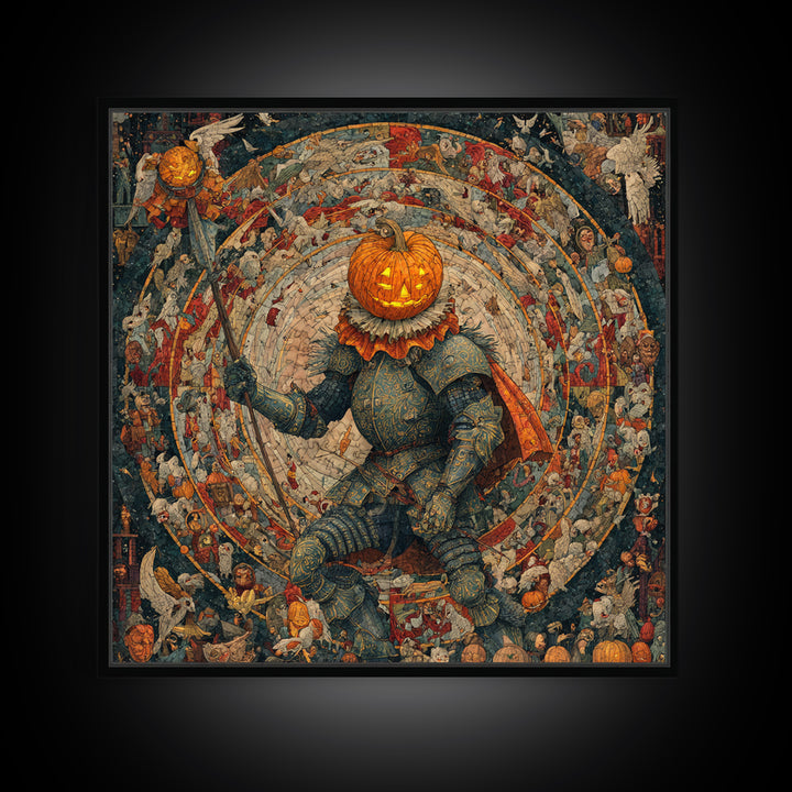The Pumpkin Paladin, Grotesque Carnival Art, Square Wall Art, Dark Fantasy Wall Art, Canvas Print, Halloween Wall Art, Seasonal Home Decor