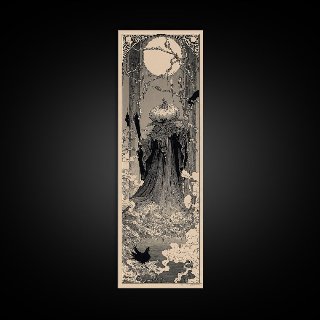 The Pumpkin Paladin, Decadent Line Art, Tall Narrow Wall Art, Gothic Horror Wall Art, Framed Canvas Print, Halloween Wall Art