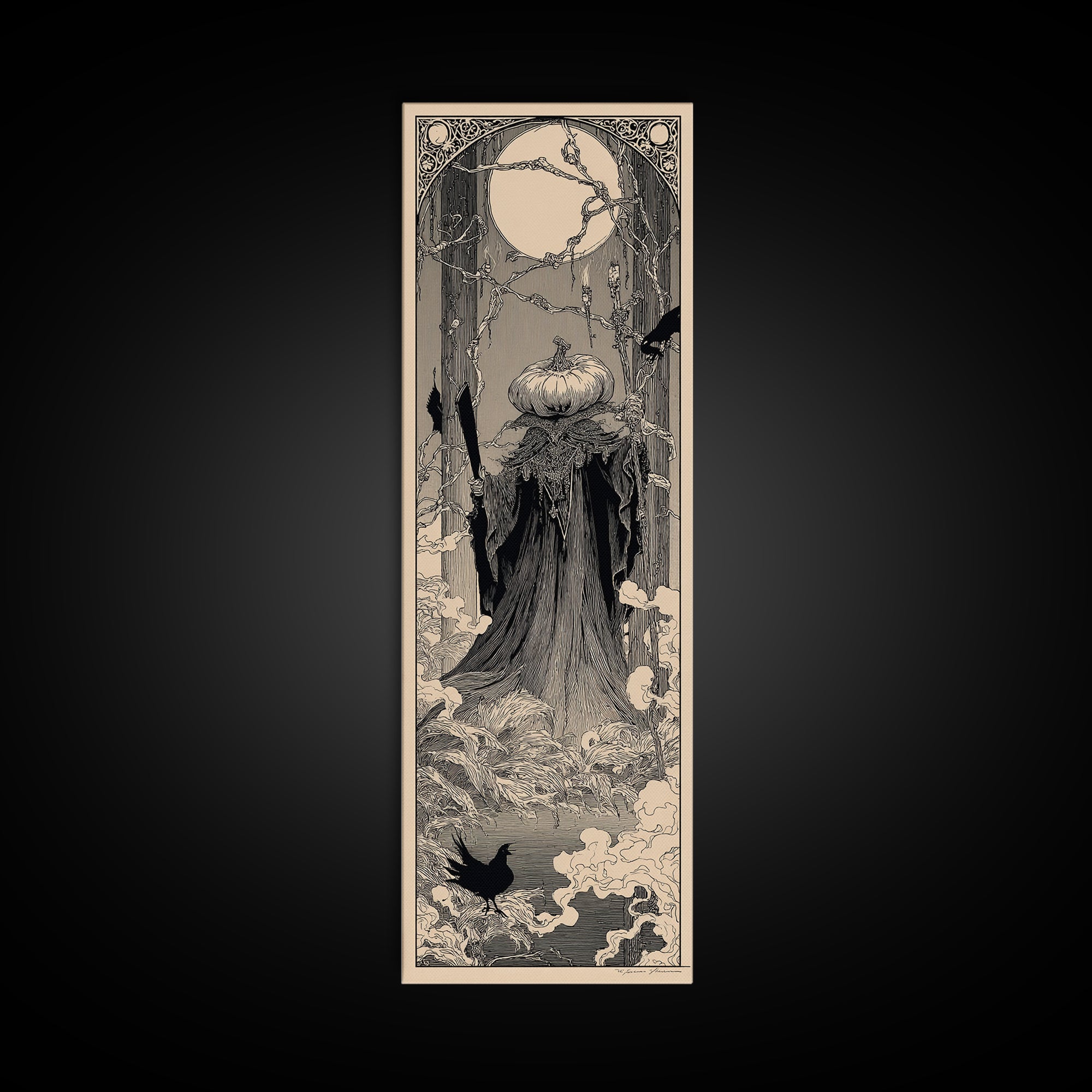 The Pumpkin Paladin, Decadent Line Art, Tall Narrow Wall Art, Gothic Horror Wall Art, Framed Canvas Print, Halloween Wall Art