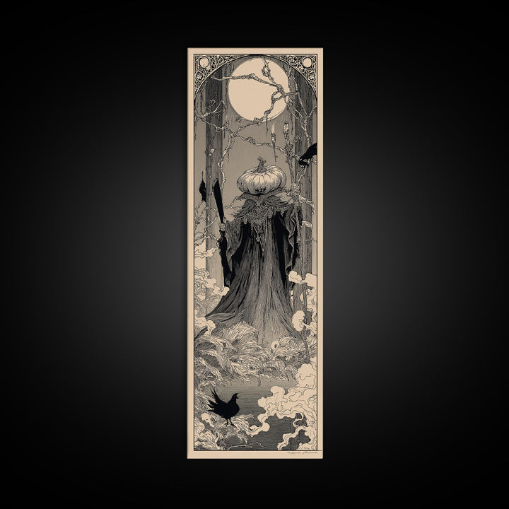 The Pumpkin Paladin, Decadent Line Art, Tall Narrow Wall Art, Gothic Horror Wall Art, Framed Canvas Print, Halloween Wall Art