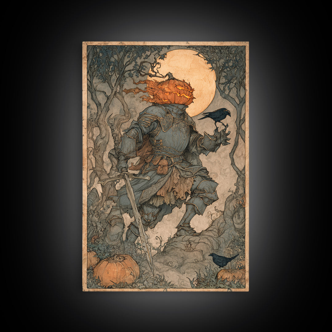 The Pumpkin Paladin, Gothic Storybook Art, Vertical Wall Art, Gothic Horror Wall Art, Canvas Print, Halloween Wall Art