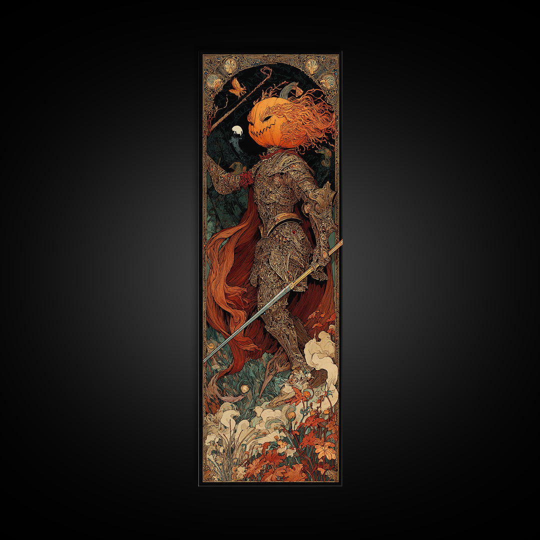 The Pumpkin Paladin, Stained Glass Gothic Art, Tall Narrow Wall Art, Dark Fantasy Wall Art, Canvas Print, Halloween Wall Art