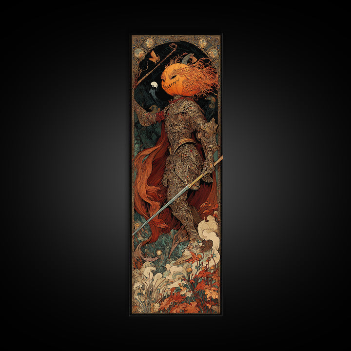 The Pumpkin Paladin, Stained Glass Gothic Art, Tall Narrow Wall Art, Dark Fantasy Wall Art, Canvas Print, Halloween Wall Art