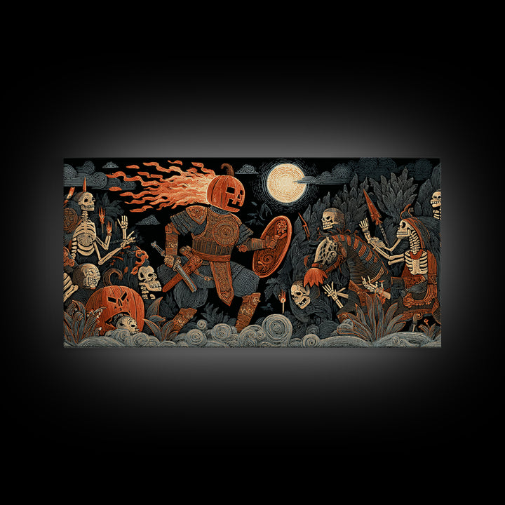 The Pumpkin Paladin, Macabre Folk Print Art, Wide Panoramic Art, Macabre Wall Art, Framed Canvas Print, Halloween Wall Art
