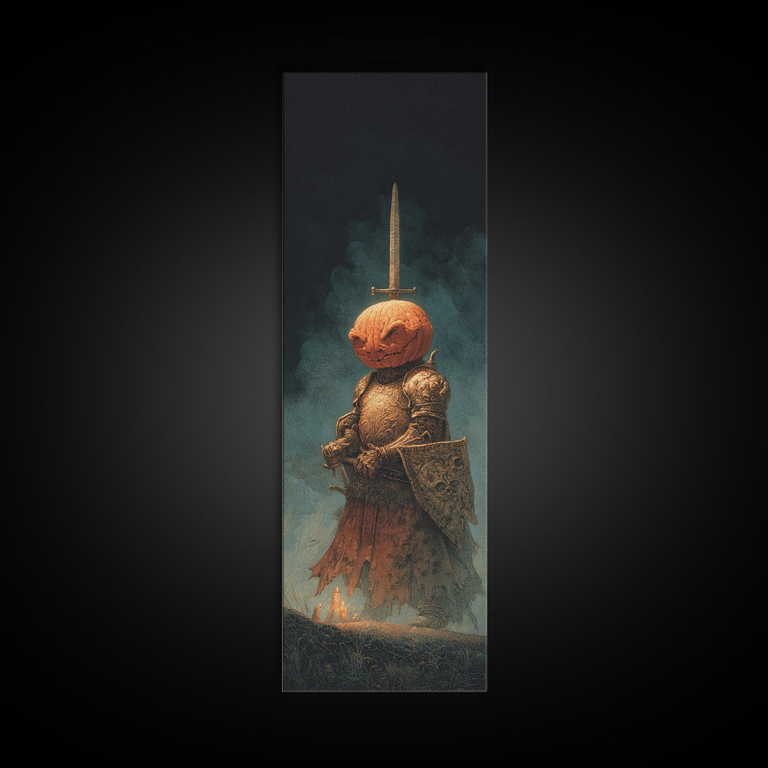 The Pumpkin Paladin, Surreal Apocalyptic Art, Tall Narrow Wall Art, Dark Fantasy Wall Art, Framed Canvas Print, Halloween Wall Art