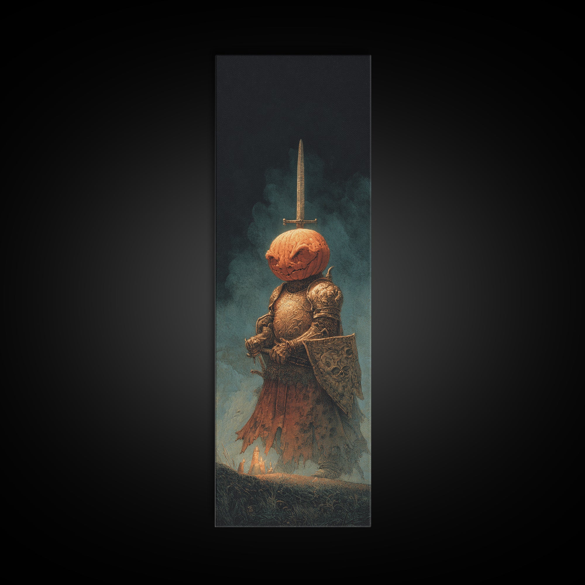 The Pumpkin Paladin, Surreal Apocalyptic Art, Tall Narrow Wall Art, Dark Fantasy Wall Art, Framed Canvas Print, Halloween Wall Art