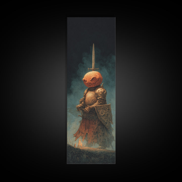 The Pumpkin Paladin, Surreal Apocalyptic Art, Tall Narrow Wall Art, Dark Fantasy Wall Art, Framed Canvas Print, Halloween Wall Art