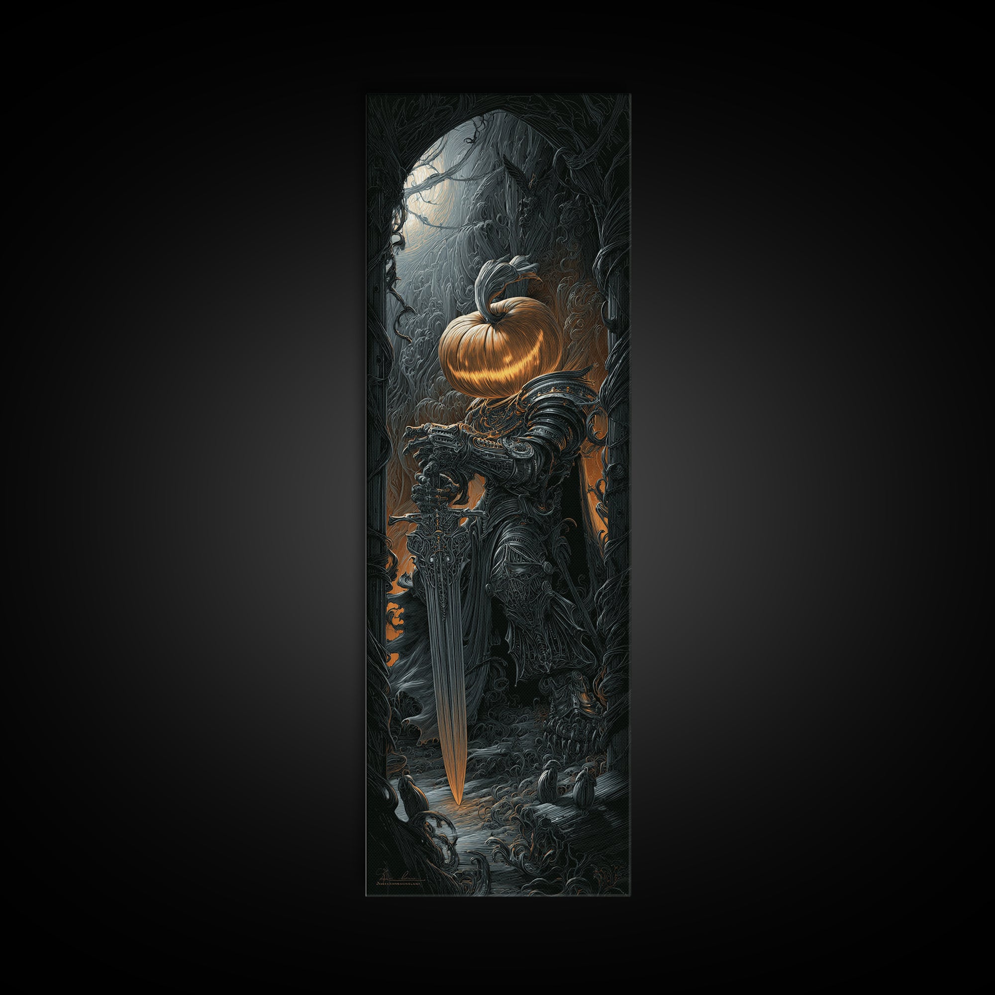 The Pumpkin Paladin, Biomechanical Horror Art, Tall Narrow Wall Art, Dark Fantasy Wall Art, Canvas Print, Halloween Wall Art