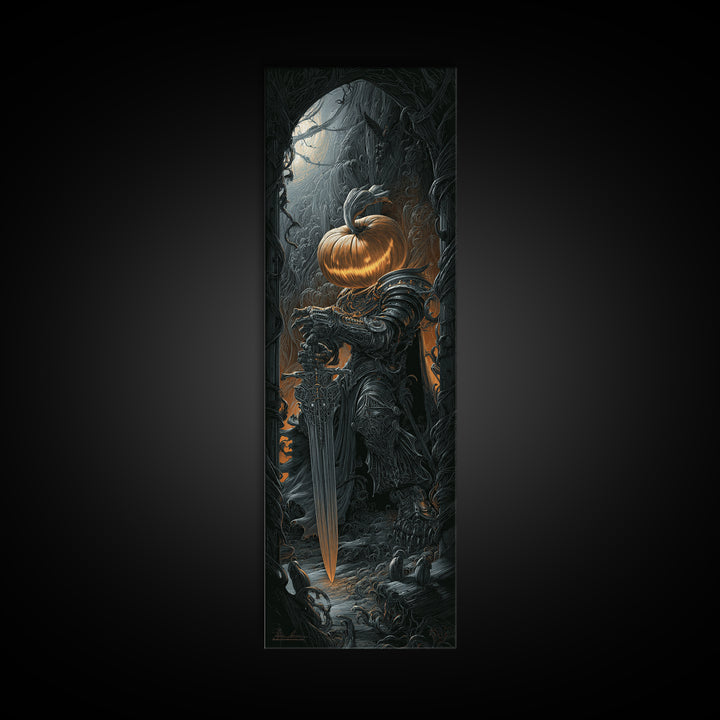 The Pumpkin Paladin, Biomechanical Horror Art, Tall Narrow Wall Art, Dark Fantasy Wall Art, Canvas Print, Halloween Wall Art