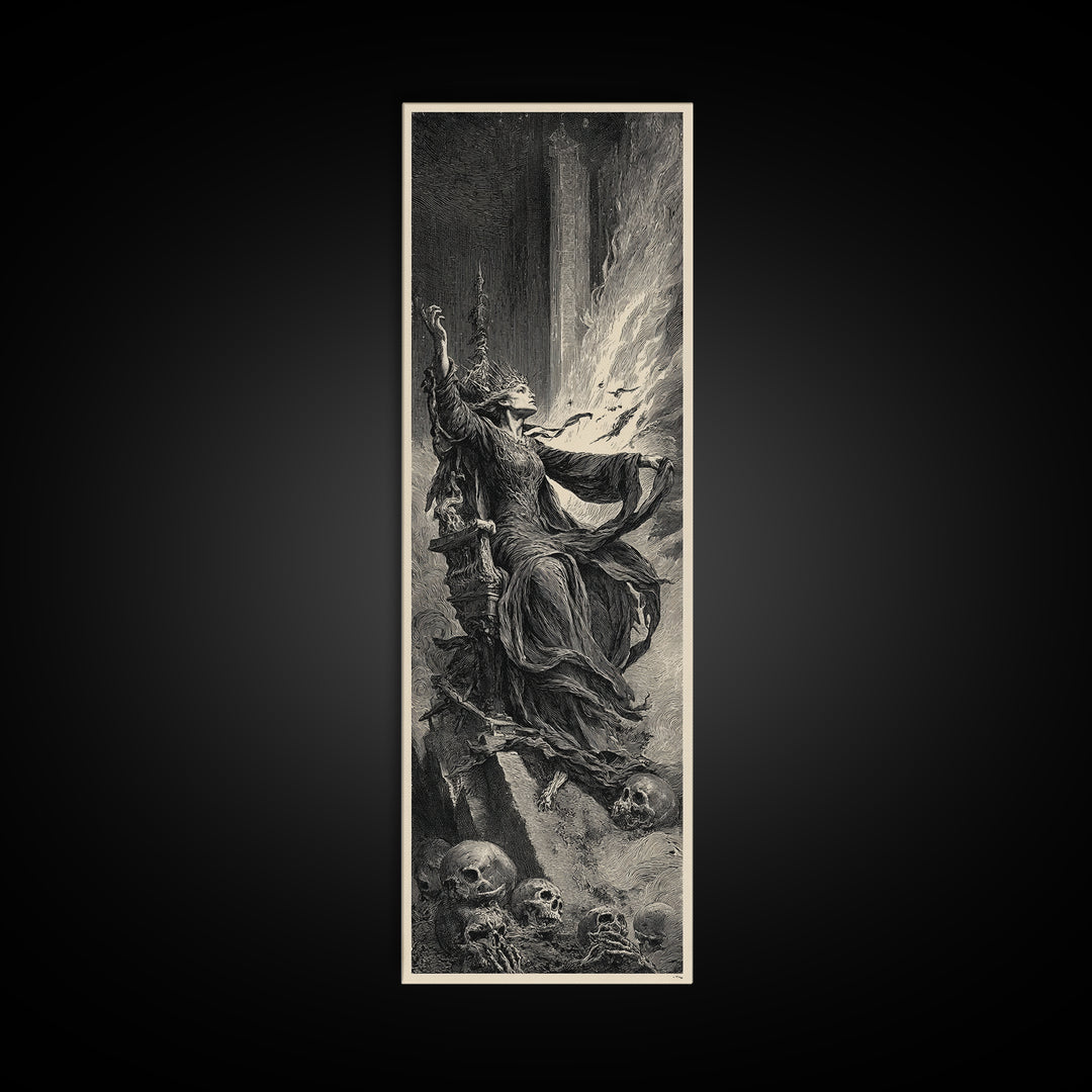 The Necromancer Queen, Gothic Engraving Art, Tall Narrow Wall Art, Dark Halloween Decor, Canvas Print, Halloween Wall Art