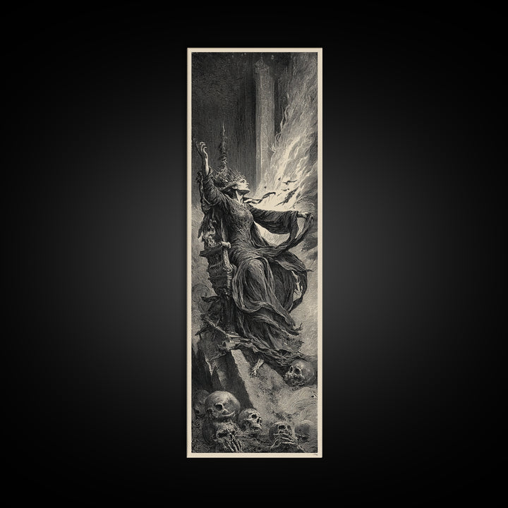 The Necromancer Queen, Gothic Engraving Art, Tall Narrow Wall Art, Dark Halloween Decor, Canvas Print, Halloween Wall Art