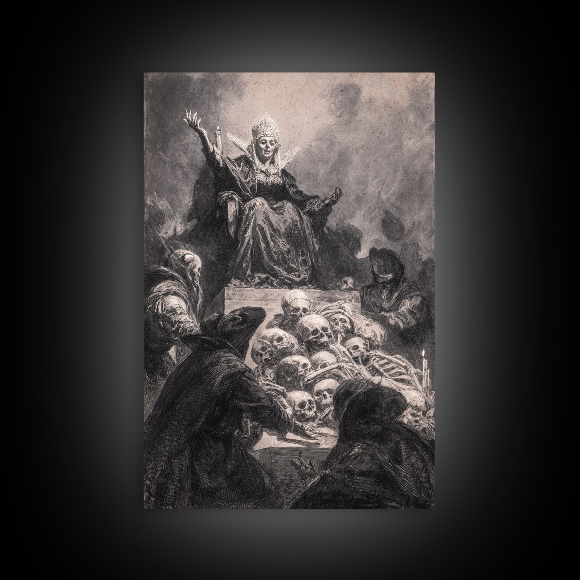 The Necromancer Queen, Dark Romantic Horror Art, Vertical Wall Art, Macabre Wall Art, Framed Canvas Print, Halloween Wall Art