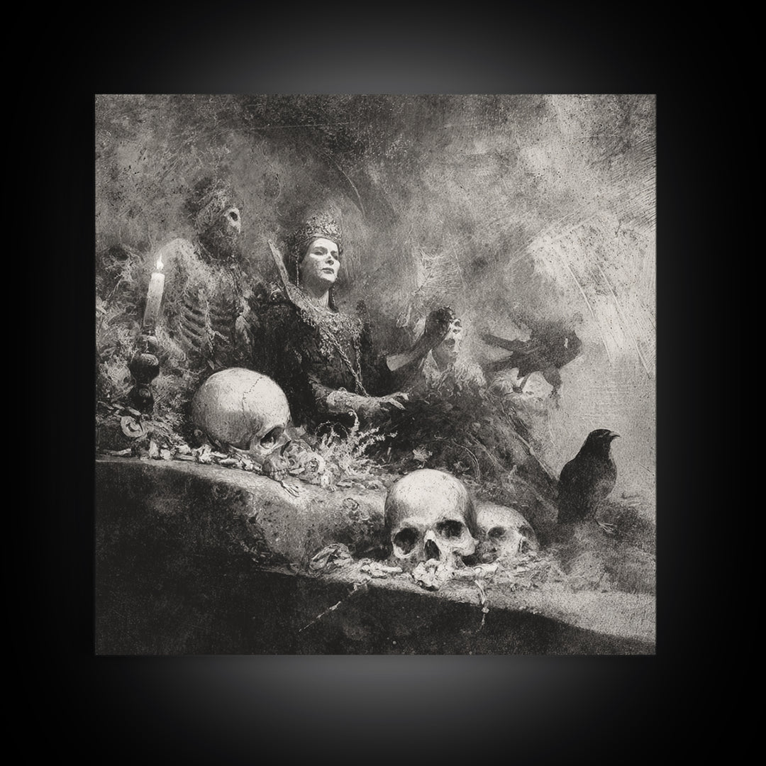 The Necromancer Queen, Symbolist Dream Art, Square Wall Art, Macabre Wall Art, Canvas Print, Halloween Wall Art
