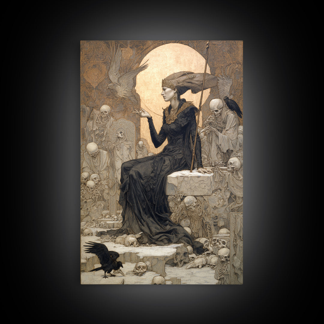 The Necromancer Queen, Symbolist Death Art, Vertical Wall Art, Dark Halloween Decor, Framed Canvas Print, Halloween Wall Art