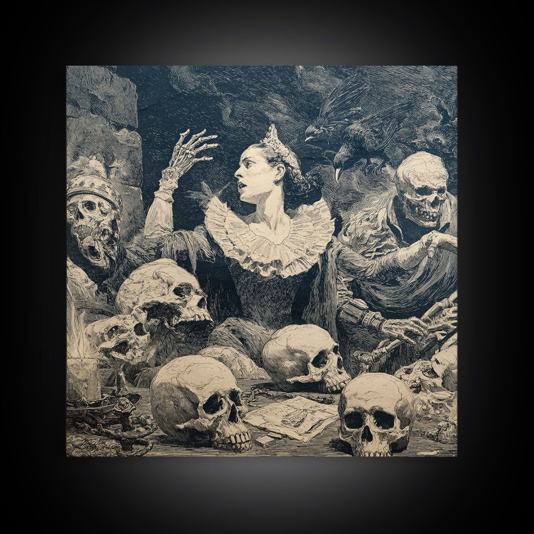 The Necromancer Queen, Symbolist Etching Art, Square Wall Art, Dark Halloween Decor, Canvas Print, Halloween Wall Art, Statement Wall Art