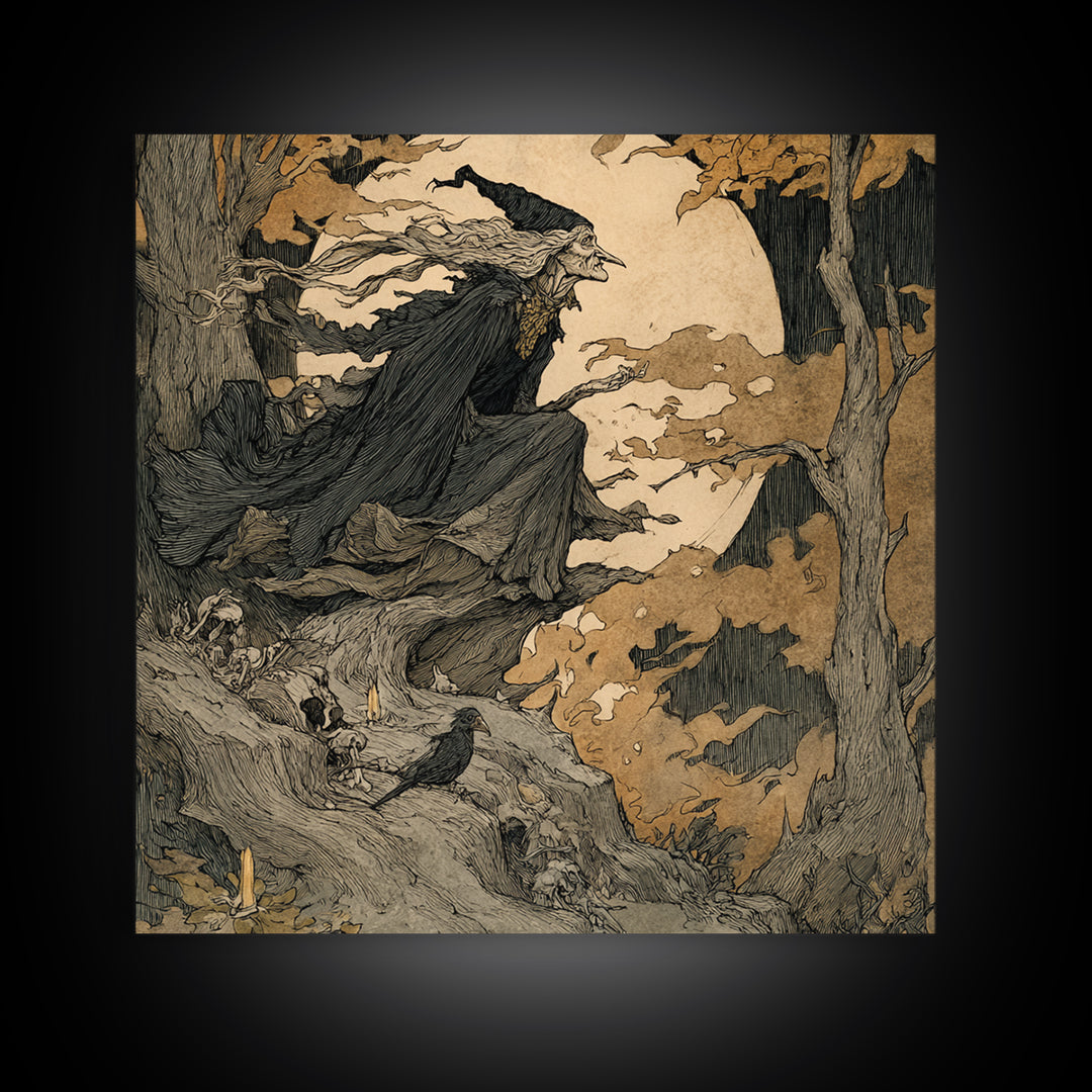 The Necromancer Queen, Gothic Storybook Art, Square Wall Art, Dark Fantasy Wall Art, Framed Canvas Print, Halloween Wall Art